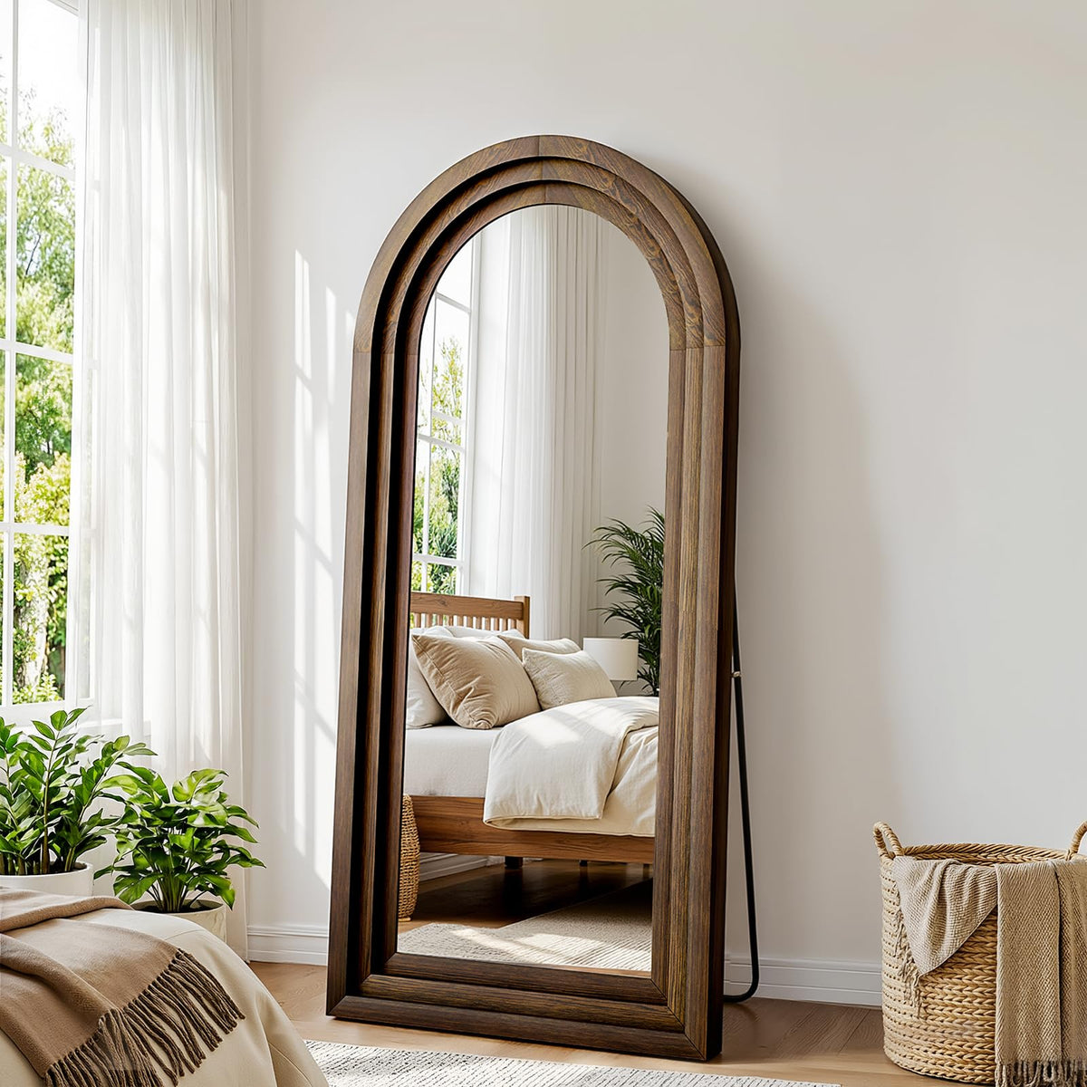 24"x65" Full Length Mirror Solid Wood Frame, Arched Floor Mirror Full Length with Stand, Room Decor Big Full Body Mirror with HD Tempered Glass for Bedroom, Living Room, Walnut Wood
