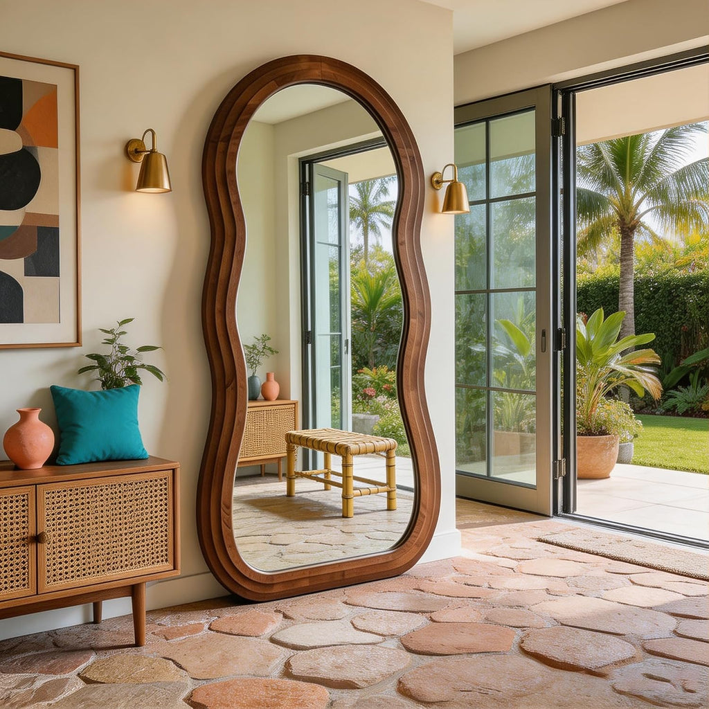 71"x33.5" Wavy Full Length Mirror with 3-Layer Solid Wood Frame