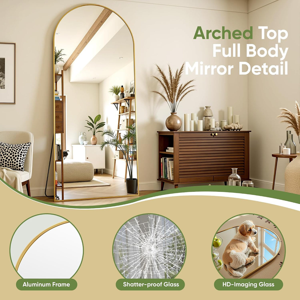 58"x20" Arched Over-the-Door Full Length Mirror, Gold