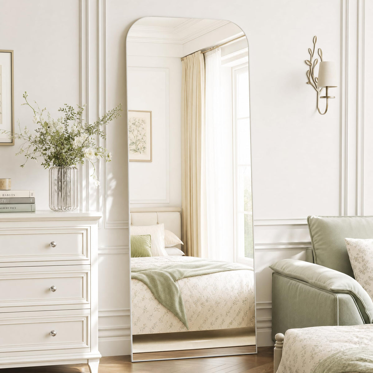 Arched Floor Standing Mirror 71"x26"Black with Top Round Corner