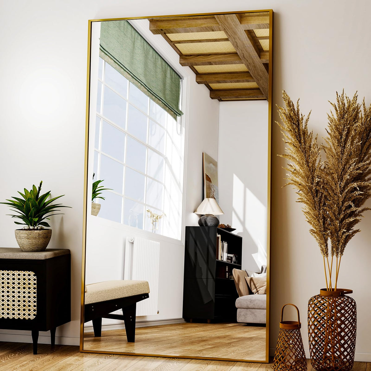 Easly 34"x76" Full Length Mirror with Stand, Large Rectangular Floor Mirror for Bedroom, Living Room or Closet, Wall-Mounted or Freestanding, Black Aluminum Alloy Frame