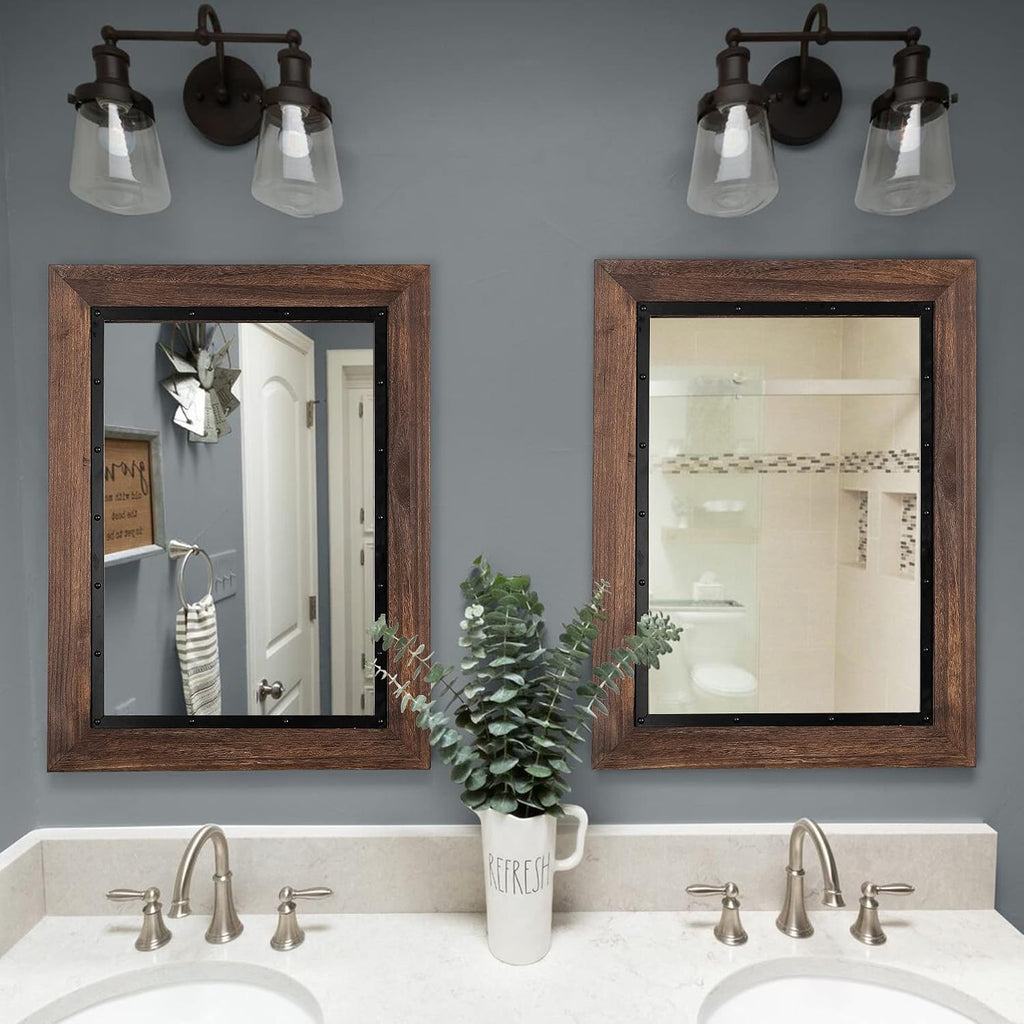 YOSHOOT Rustic Wooden Framed Wall Mirror, Natural Wood and Iron Bathroom Vanity Mirror for Farmhouse Decor, Vertical or Horizontal Hanging