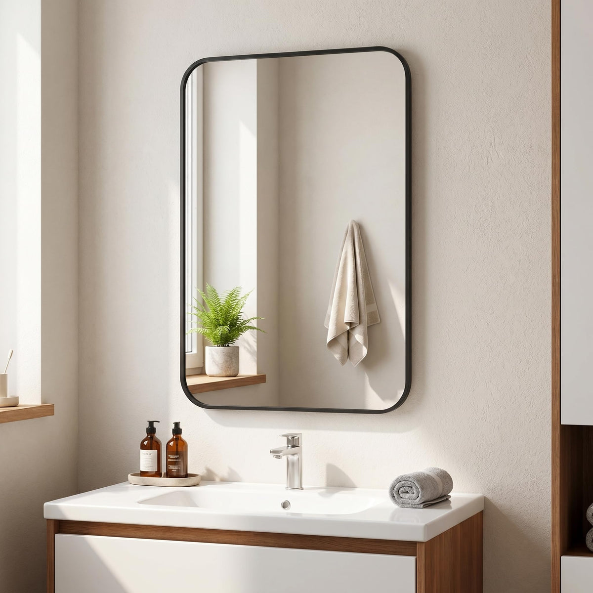 BEAUTYPEAK 24" x 36" Rectangular Aluminum Alloy Frame Wall Mounted Bathroom Mirror with Rounded Corners, Black