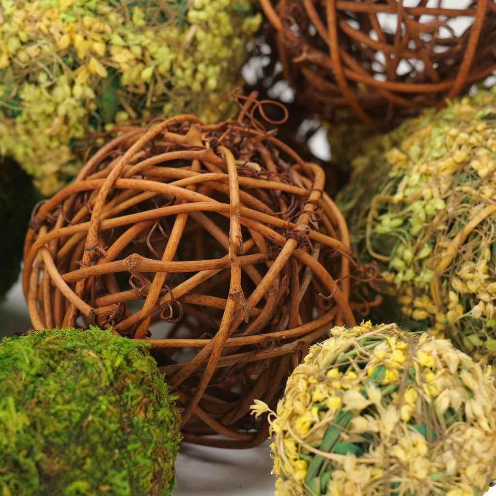 Decorative Balls for Centerpiece Bowls, 18pcs Fake Moss Balls + Wicker Rattan Balls Set Vase Bowl Filler for Home Garden Wedding Party Decor (Fresh Green + Rustic Brown)