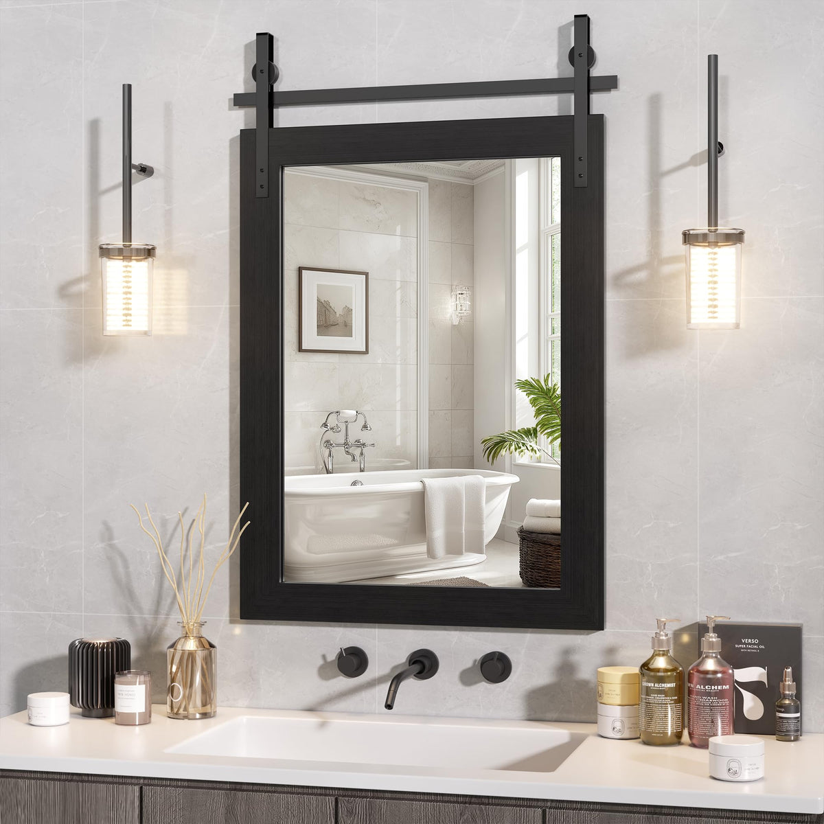 Hasipu Farmhouse Bathroom Mirror, 40"x26" Rustic Wood Framed Wall Mounted Mirror, Black Vintage Vanity Mirror Barn Door Style Decrative Mirrors