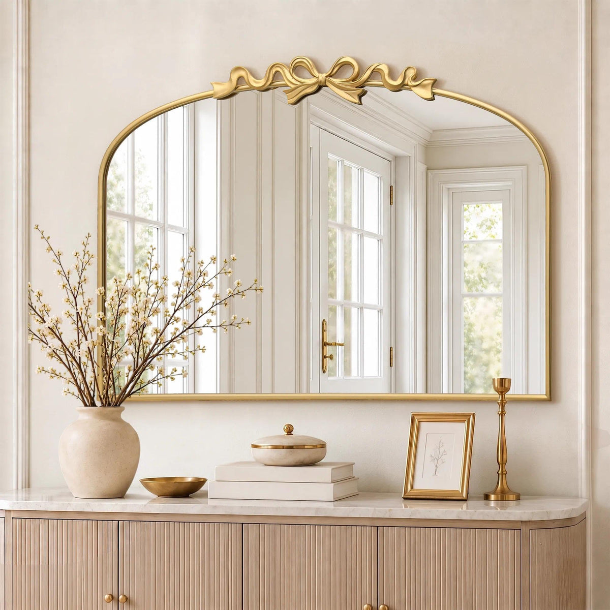 Besdomus Arched Mirror Full Length: 21"x56" Vintage Gold Bow Floor Mirrors