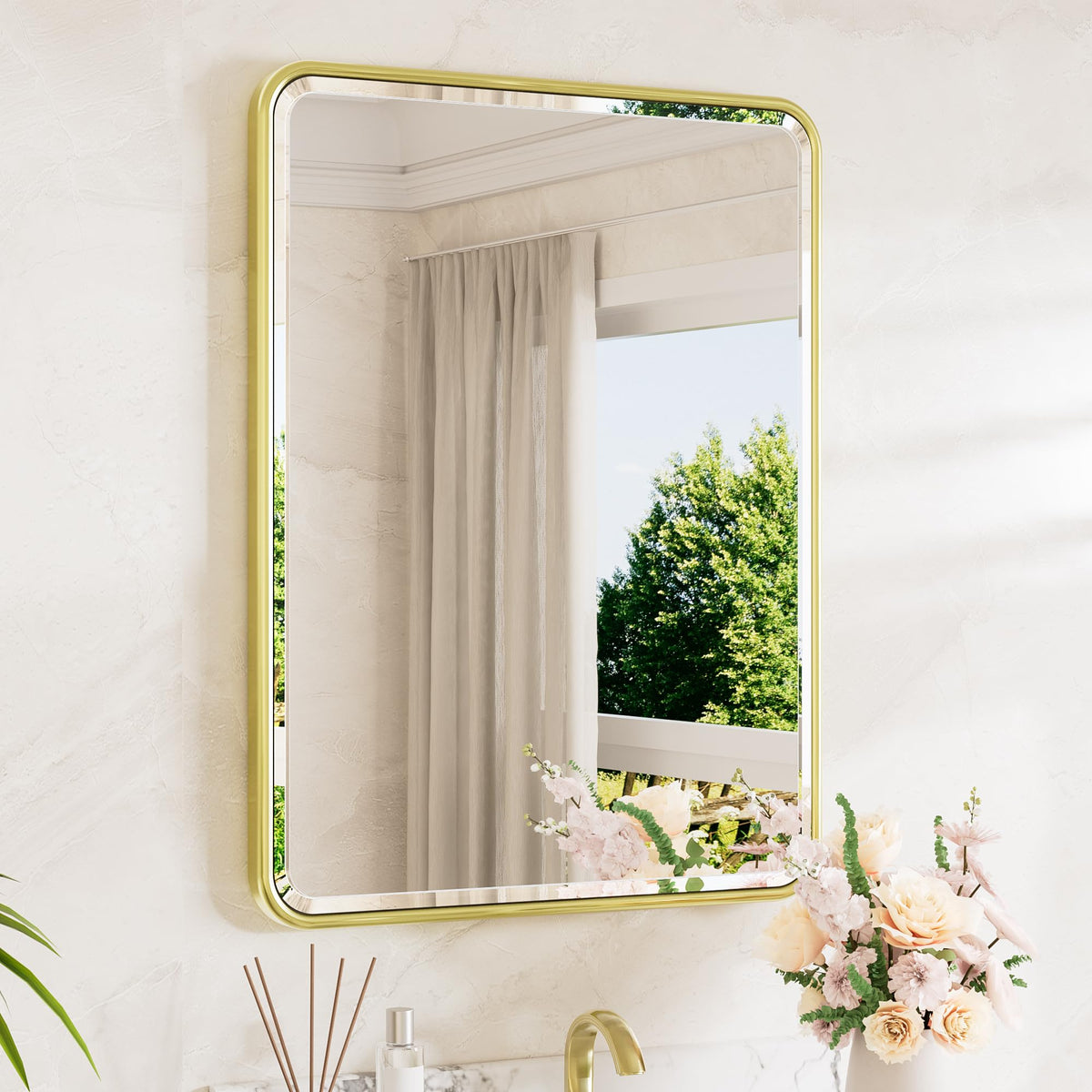TETOTE Brushed Nickel Mirror 20 x 30 Beveled Edge Tempered Glass, Rounded Corner Rectangle Bathroom Mirror for Over Sink for Modern Bathroom, Living Room, Bedroom, Entryway