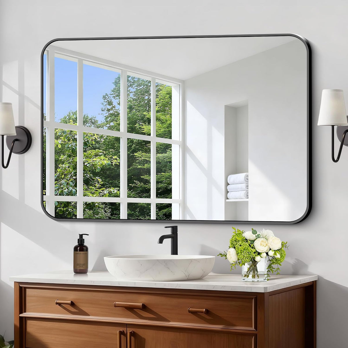 Black Bathroom Mirror, 28x42 inch Aluminum Metal Frame Rectangular Vanity Mirror, Wall Mounted Rectangle Mirrors with Rounded Corner for Bedroom Living Room Hangs Horizontal Or Vertical