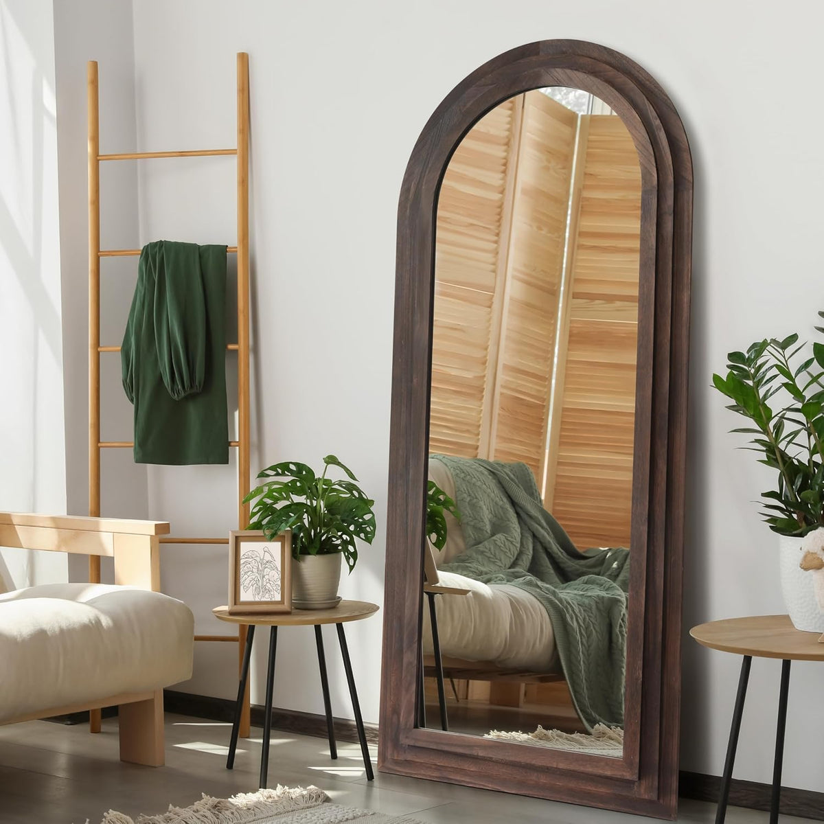 PERFNIQUE Wood Arched Full Length Mirror with Stand, 71x32 Floor Mirror