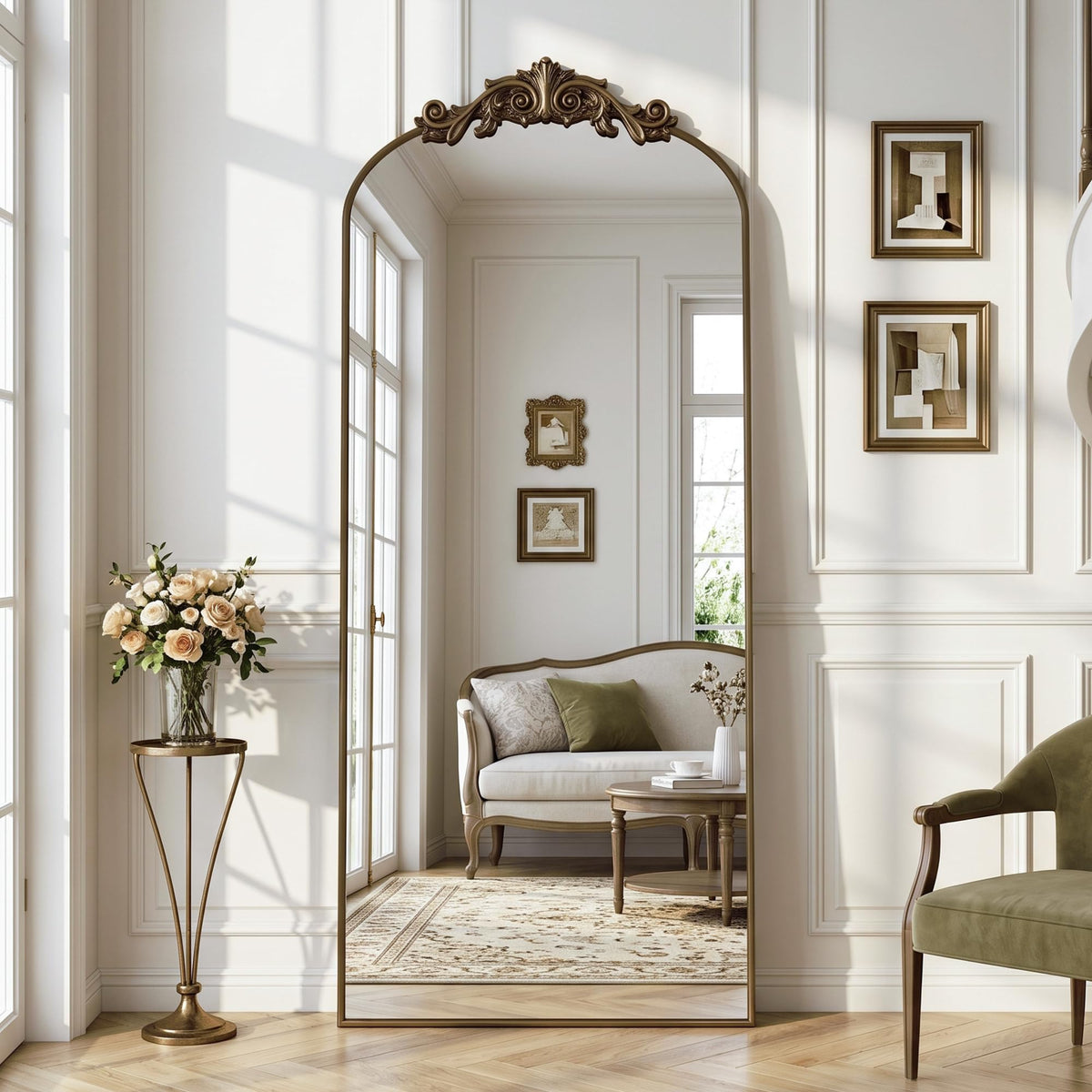 Antok Arched Full Length Mirror, 71"x28" Floor Mirror with Carved, Bronze