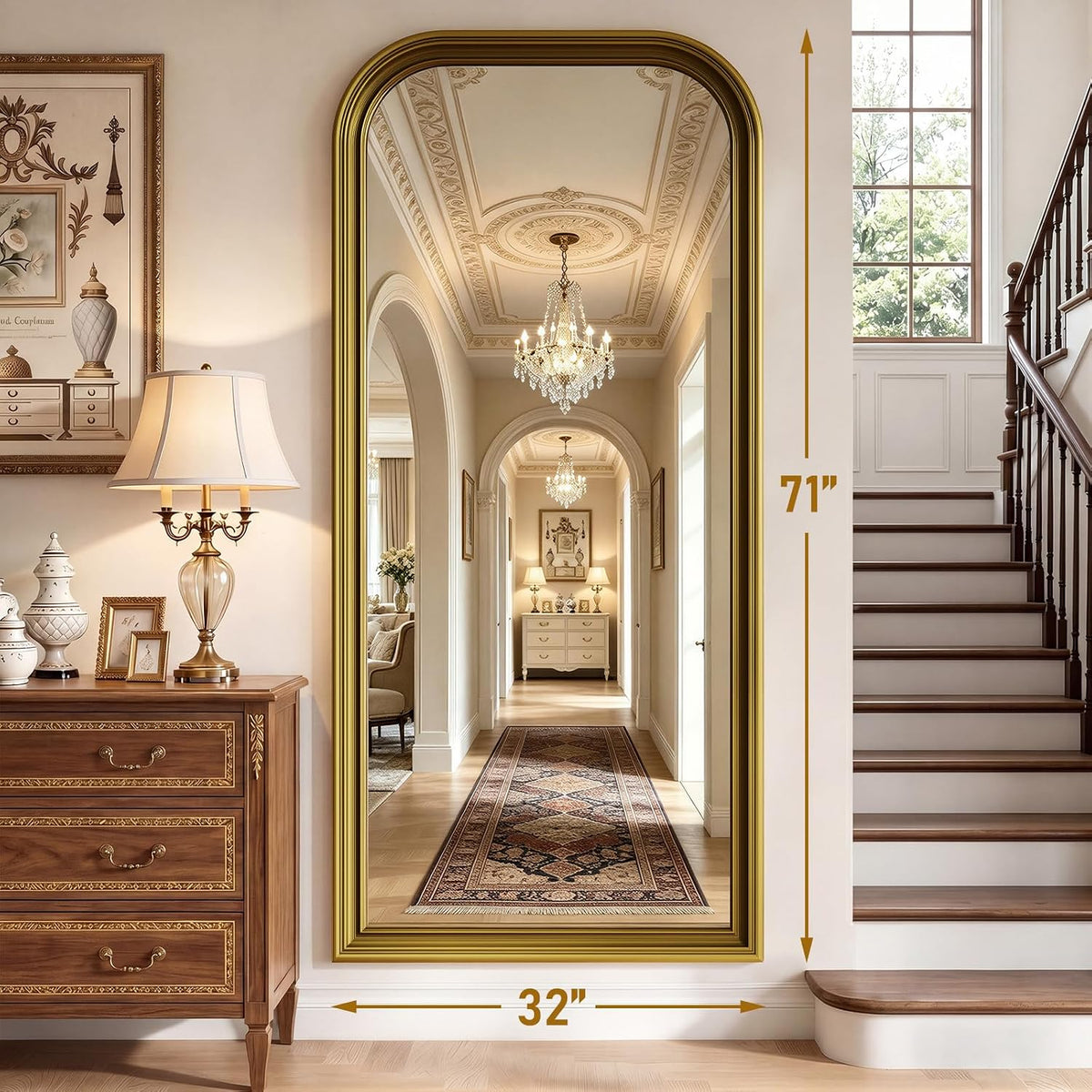 71"x32" Full Length Mirror with Stand, Arched PU Frame