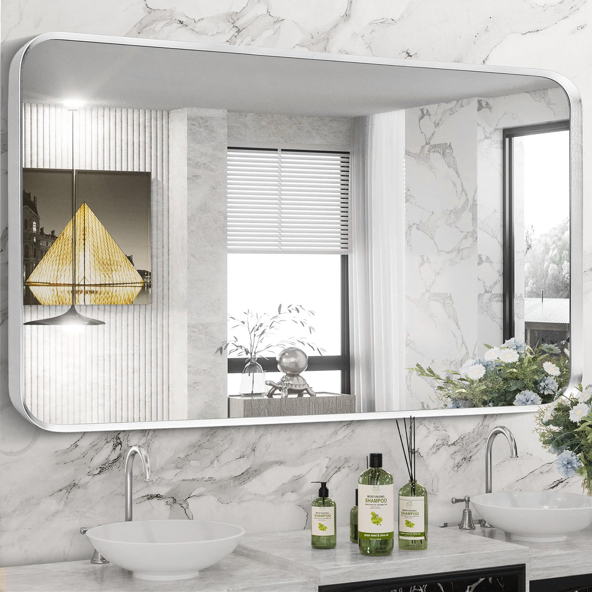 Wall Mount Mirror for Bathroom, Black Metal Framed, 24" x 36"