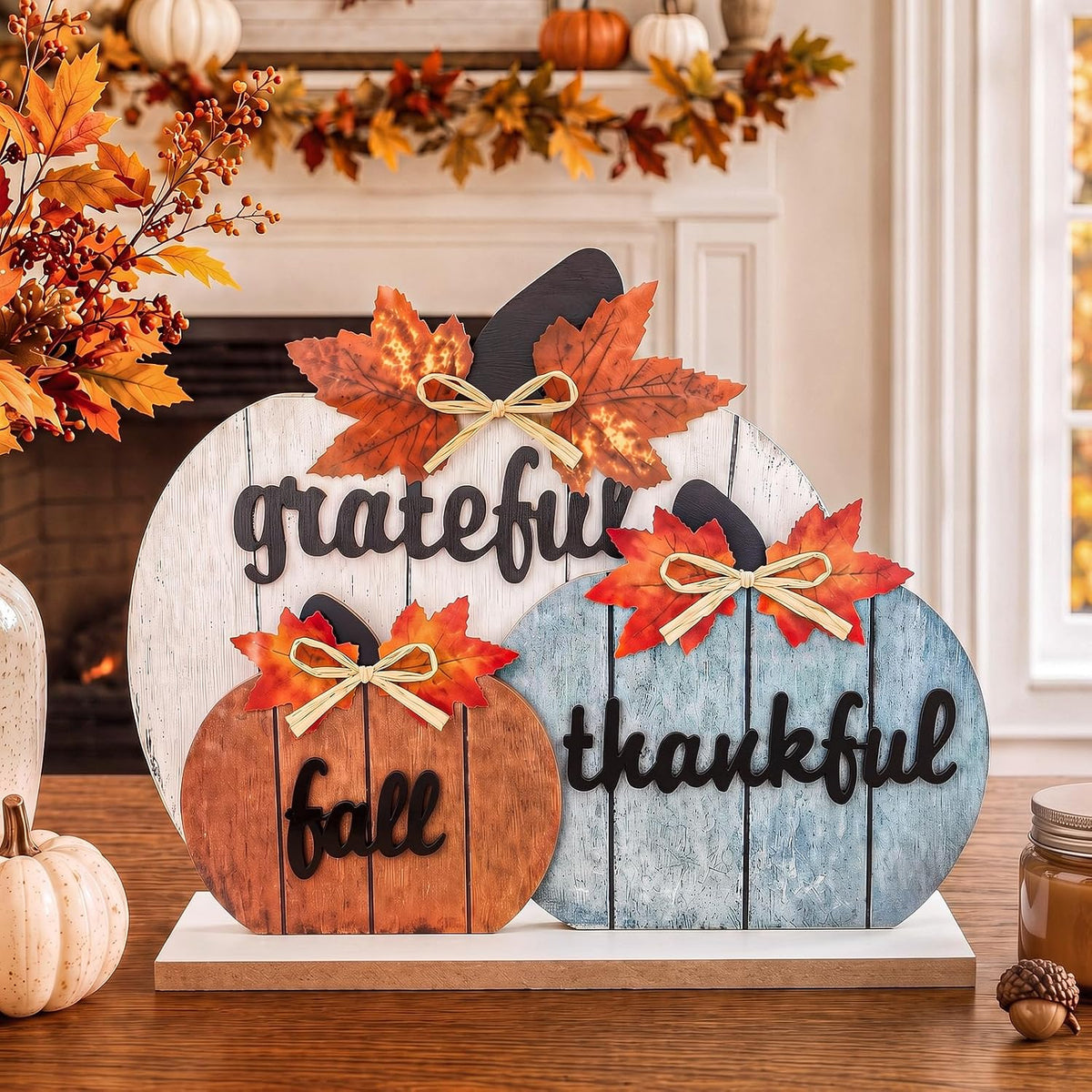 OLANRUN Fall Decor, Thanksgiving Fall Decorations for Home, 3Pcs Wooden Autumn Pumpkin Decor Sign, Farmhouse Thanksgiving Table Decorations Indoor for Office Living Room Bedroom Mantel Kitchen
