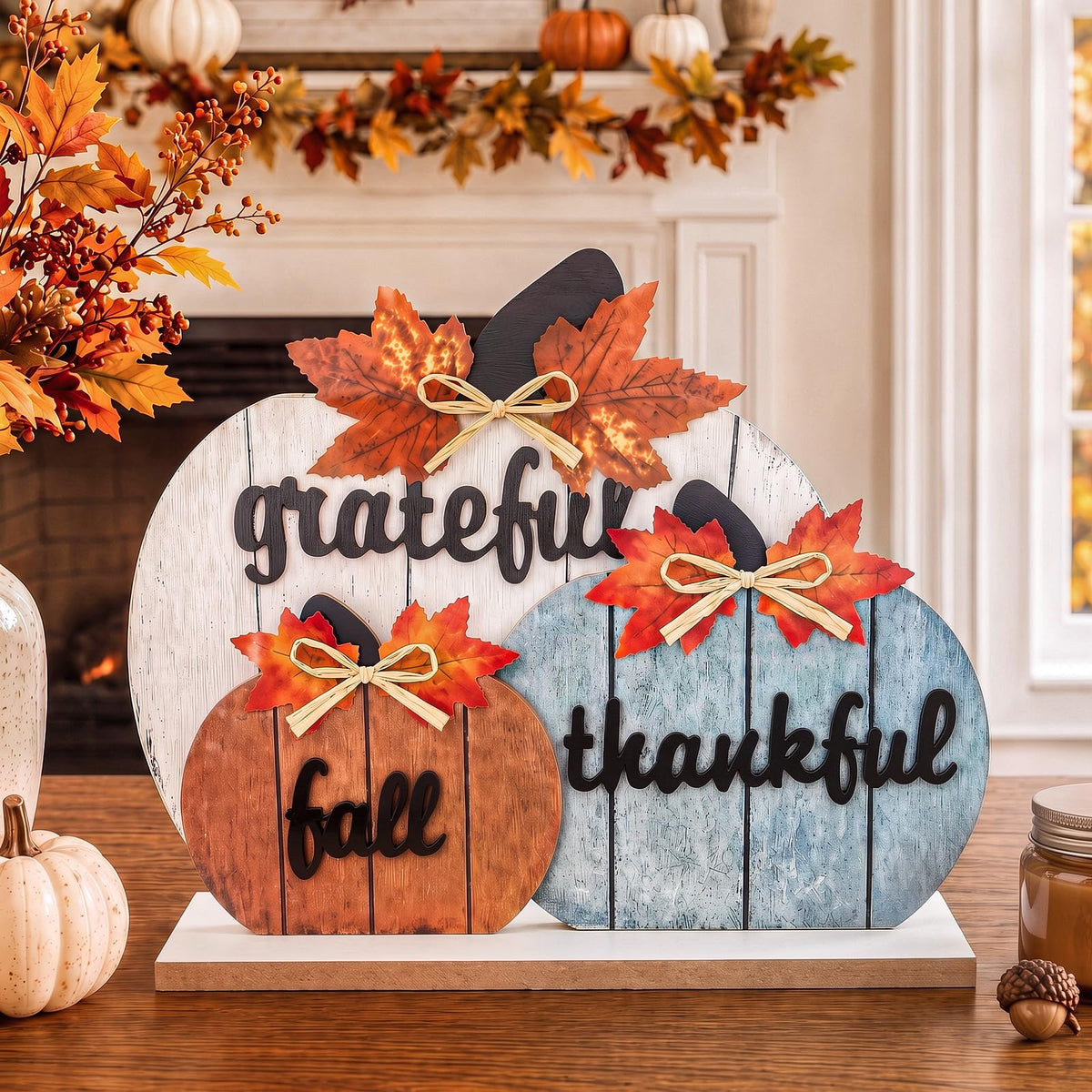 OLANRUN Fall Decor, Thanksgiving Fall Decorations for Home, 3Pcs Wooden Autumn Pumpkin Decor Sign, Farmhouse Thanksgiving Table Decorations Indoor for Office Living Room Bedroom Mantel Kitchen