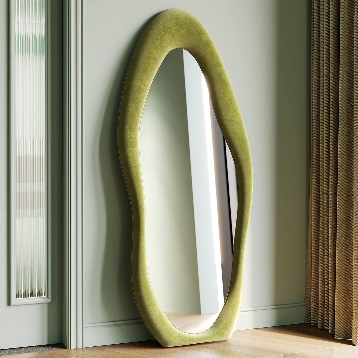 Honyee 55" x 24" Wavy Mirror, Flannel Wrapped Wooden Frame, Irregular Hanging for Cloakroom/Bedroom/Living Room, Green