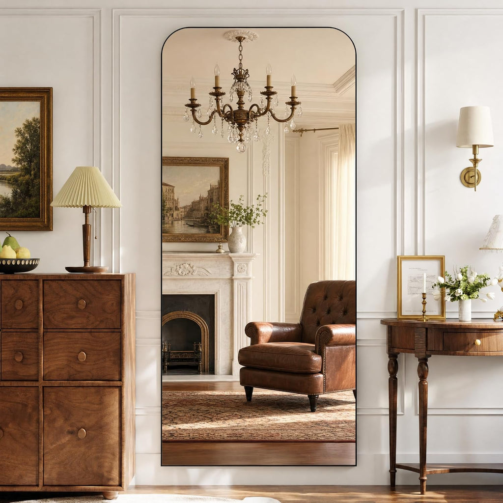Arched Floor Standing Mirror 71"x26"Black with Top Round Corner
