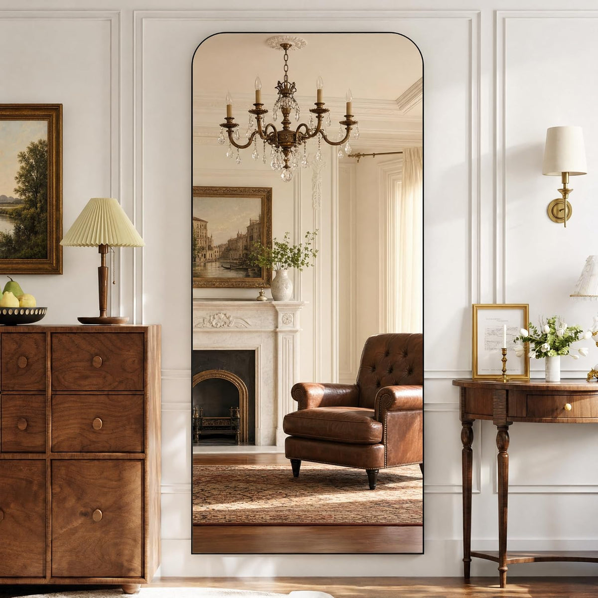 Arched Floor Standing Mirror 71"x26"Black with Top Round Corner