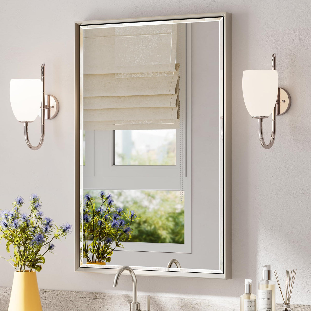 Brushed Nickel Bathroom Mirror, 24x32 Inch Beveled Framed Bathroom Mirror Anti-Rust, Brushed Nickel Metal Frame Bathroom Vanity Mirror for Wall, Vertical/Horizontal Wall-Mounted Mirrors
