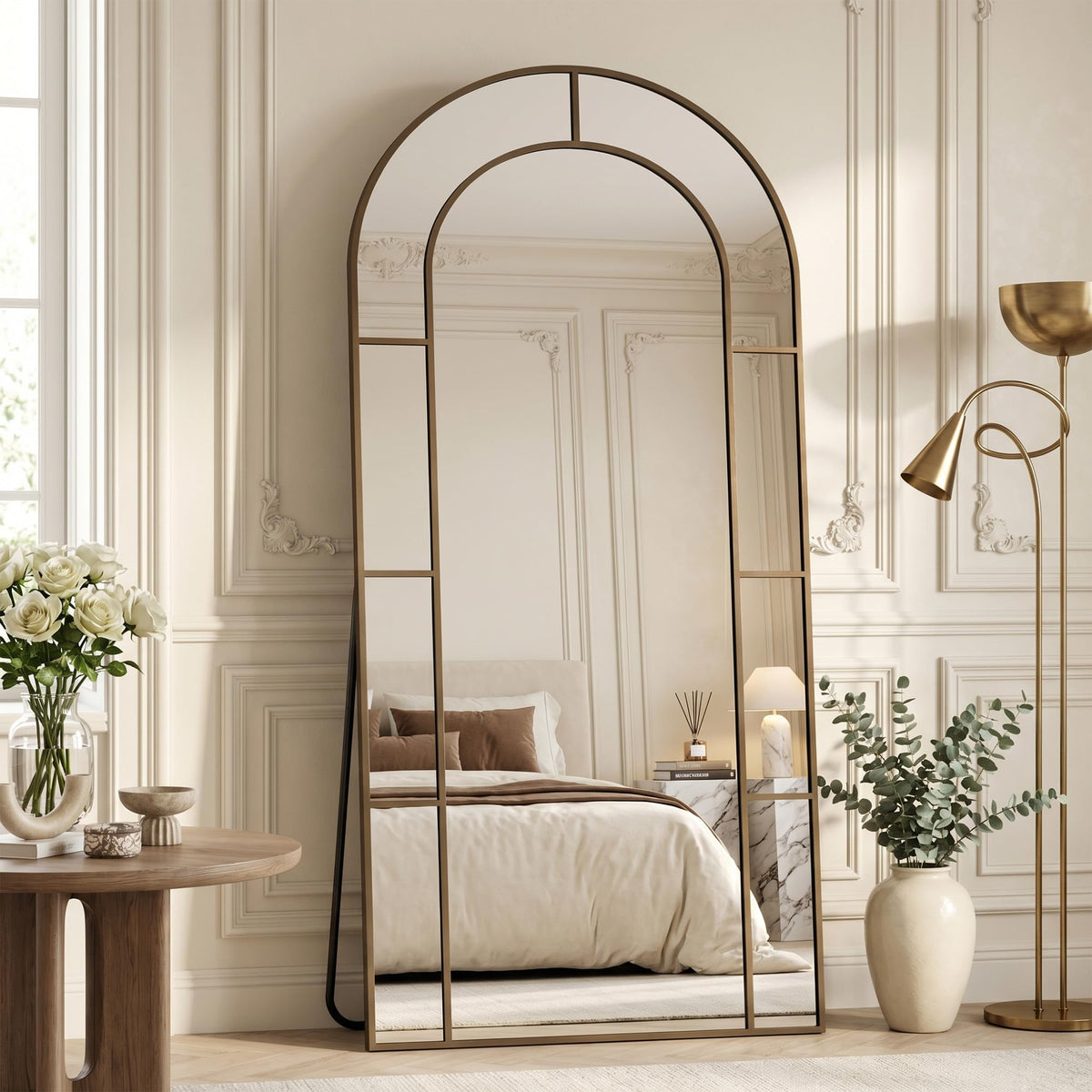 76" x 34" Arched Full Length Floor Mirror, Farmhouse Window Pane Mirror with Metal Frame, Decorative Leaning or Wall Mounted Mirror for Bedroom, Living Room, Entryway, Black