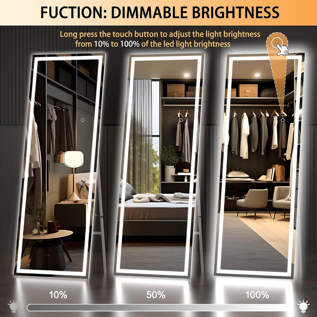 Hasipu Full Length Mirror with Lights, 67" x 20" LED Lighted Floor Standing, Full Body Dressing Hanging Mounted Mirror, Tempered Glass, Square White