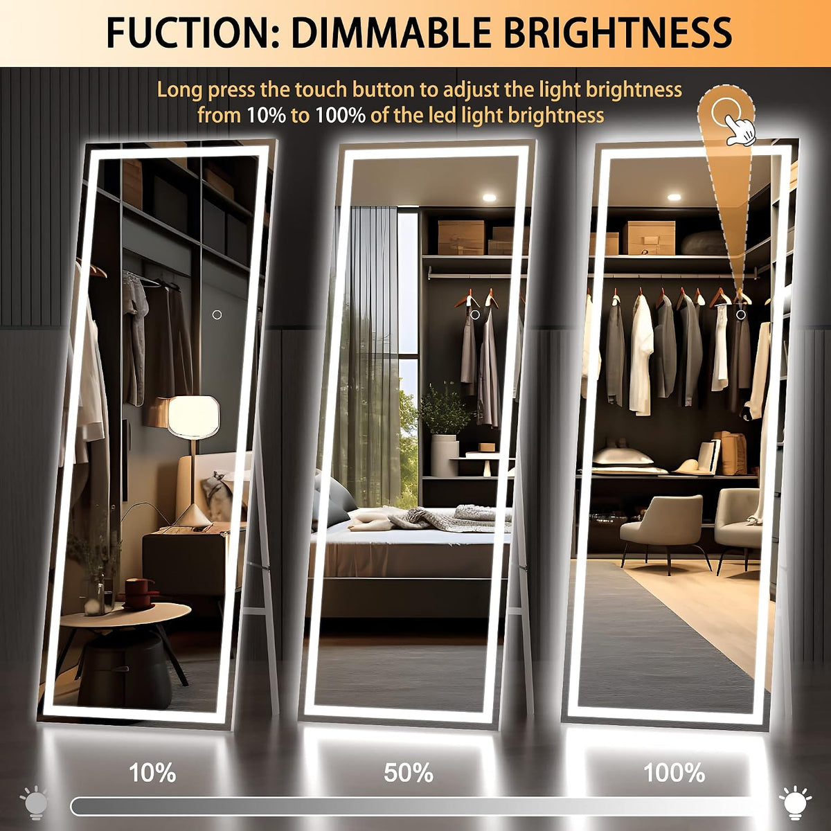 Hasipu Full Length Mirror with Lights, 67" x 20" LED Lighted Floor Standing, Full Body Dressing Hanging Mounted Mirror, Tempered Glass, Square White