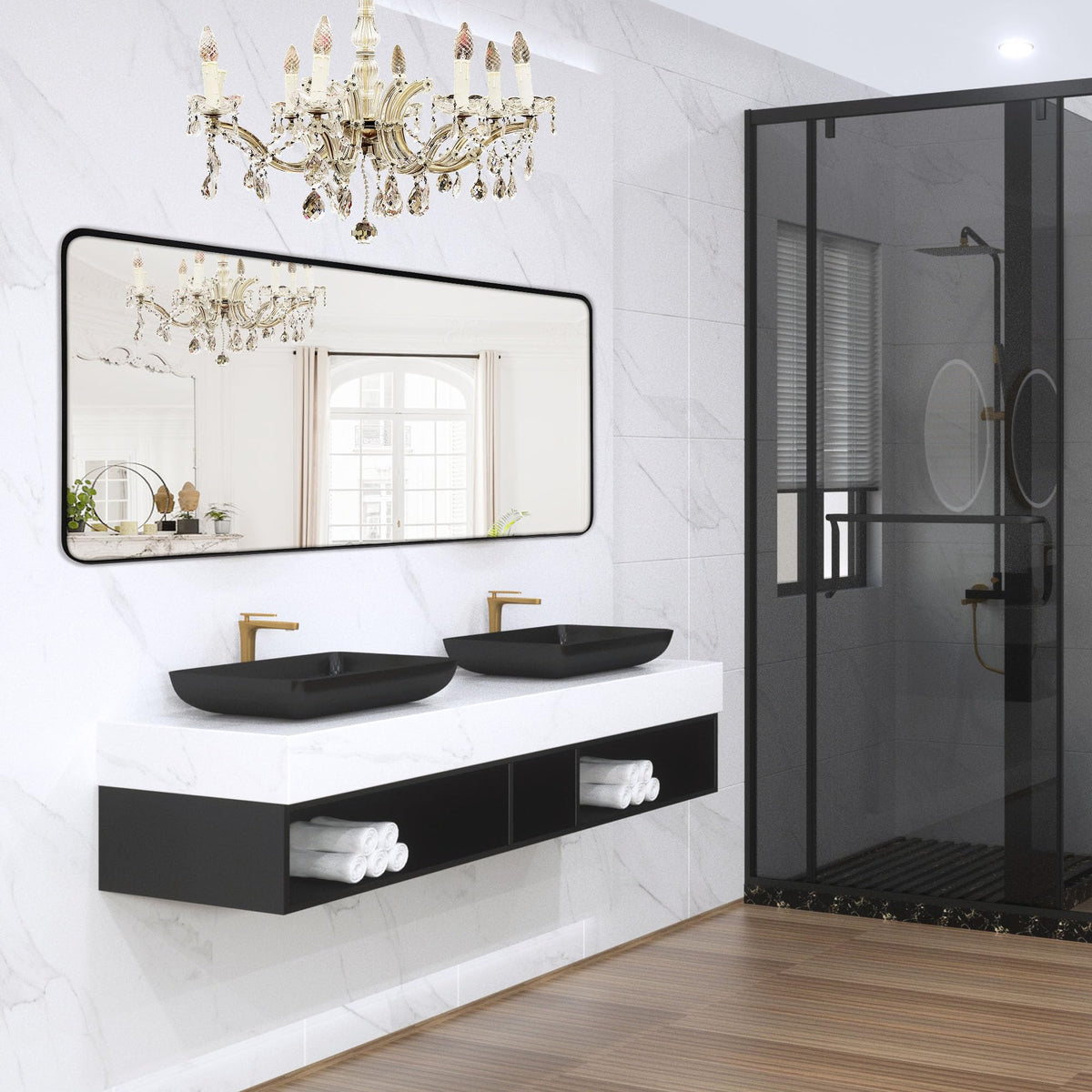 Wall Mount Mirror for Bathroom, Black Metal Framed, 24" x 36"