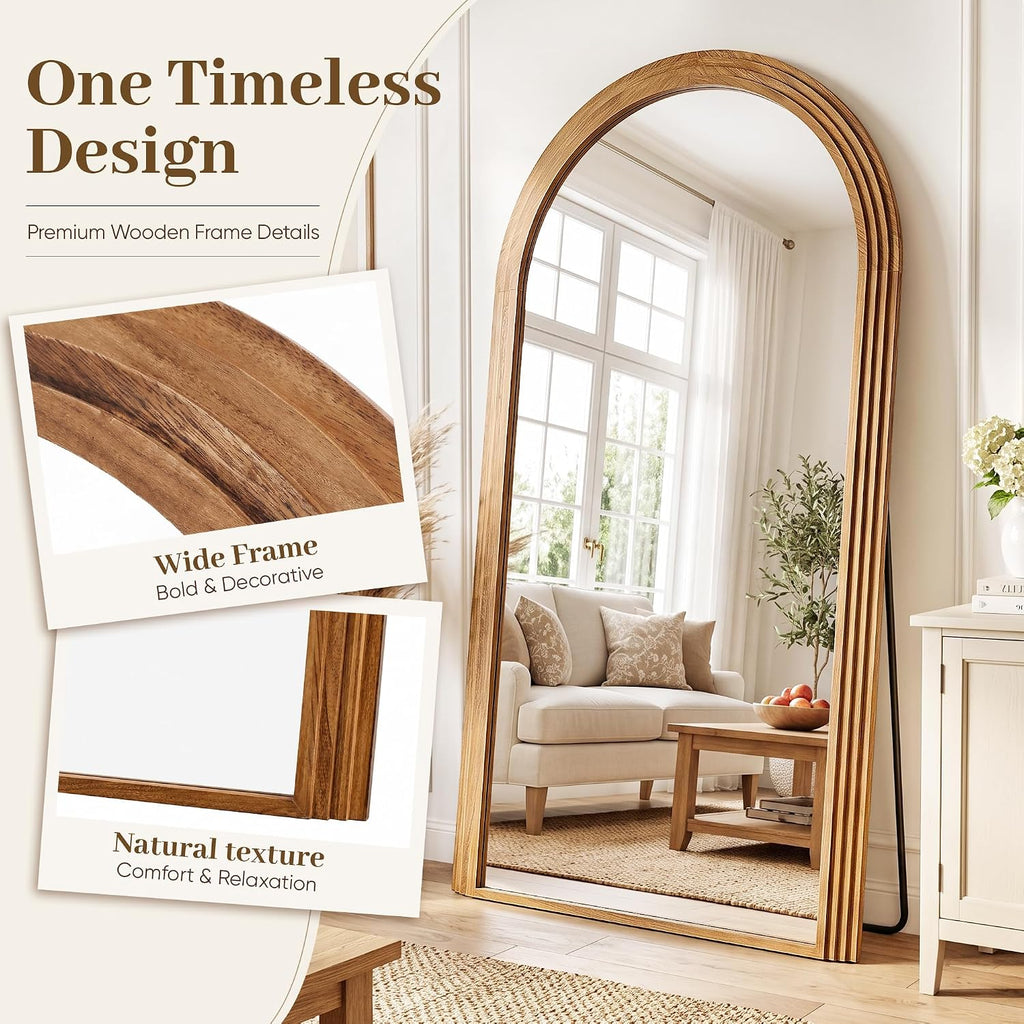 82"x44" Arched Full Length Mirror with Wide Wood Frame,Natural Wood