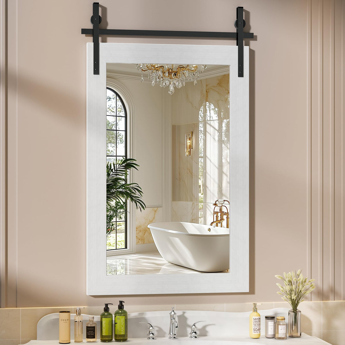 Hasipu Farmhouse Bathroom Mirror, 40"x26" Rustic Wood Framed Wall Mounted Mirror, Black Vintage Vanity Mirror Barn Door Style Decrative Mirrors
