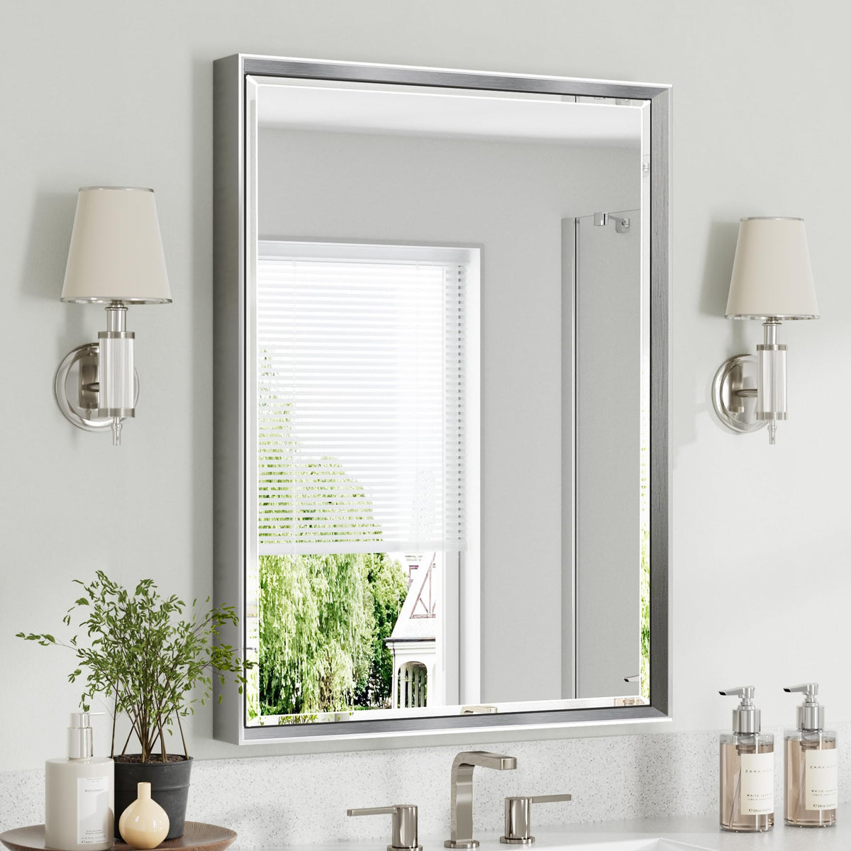Brushed Nickel Bathroom Mirror, 24x32 Inch Beveled Framed Bathroom Mirror Anti-Rust, Brushed Nickel Metal Frame Bathroom Vanity Mirror for Wall, Vertical/Horizontal Wall-Mounted Mirrors