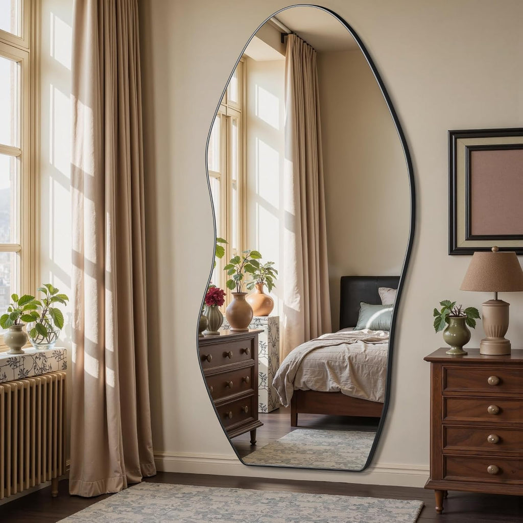 Antok Irregular Full Length Mirror, 76"x36" Asymmetrical Floor Mirror with Stand, Standing Hanging Leaning Irregular Mirrors for Bedroom Living Room Entryway, Wavy Shaped, Black