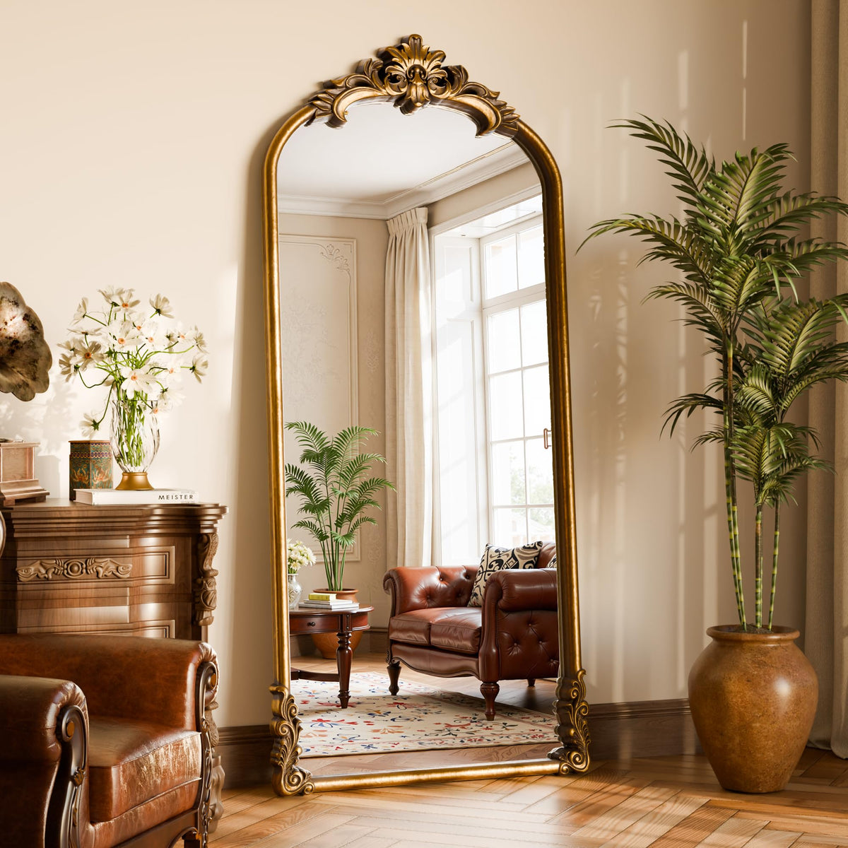 71"x32" Bronze Vintage Arched Full Length Mirror with Carved