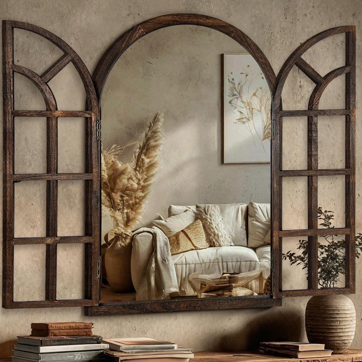 Farmhouse Window Mirror for Wall, 38”x26” Rustic Vintage Arch Mirror