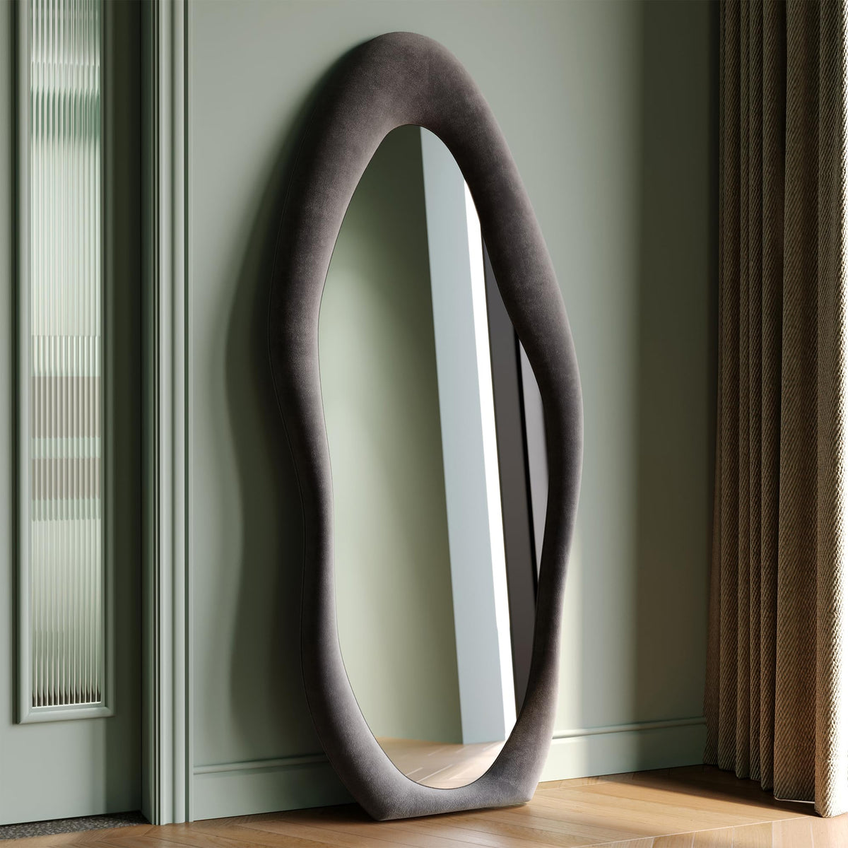 Honyee 55" x 24" Wavy Mirror, Flannel Wrapped Wooden Frame, Irregular Hanging for Cloakroom/Bedroom/Living Room, Green