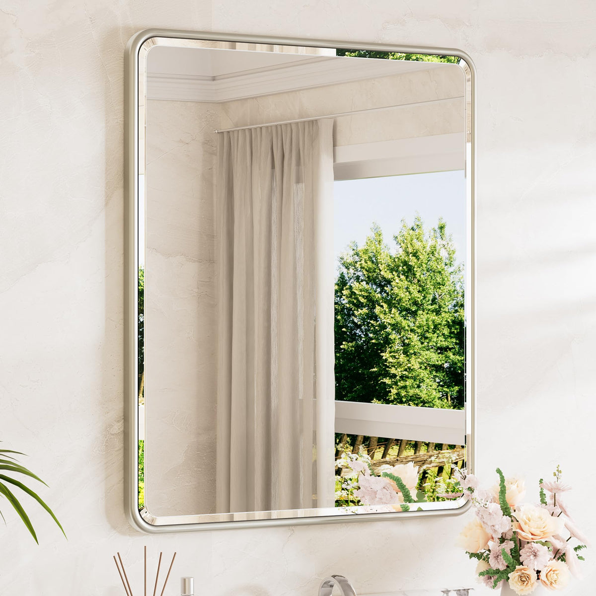 TETOTE Brushed Nickel Mirror 20 x 30 Beveled Edge Tempered Glass, Rounded Corner Rectangle Bathroom Mirror for Over Sink for Modern Bathroom, Living Room, Bedroom, Entryway