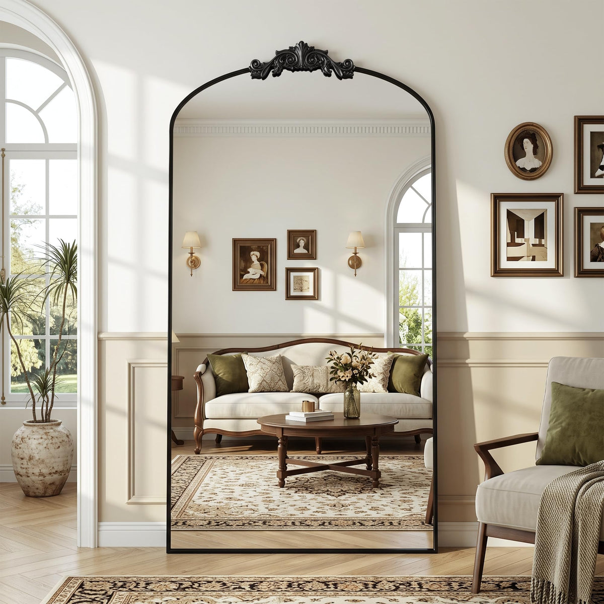 Antok Arched Full Length Mirror, 71"x28" Floor Mirror with Carved, Bronze