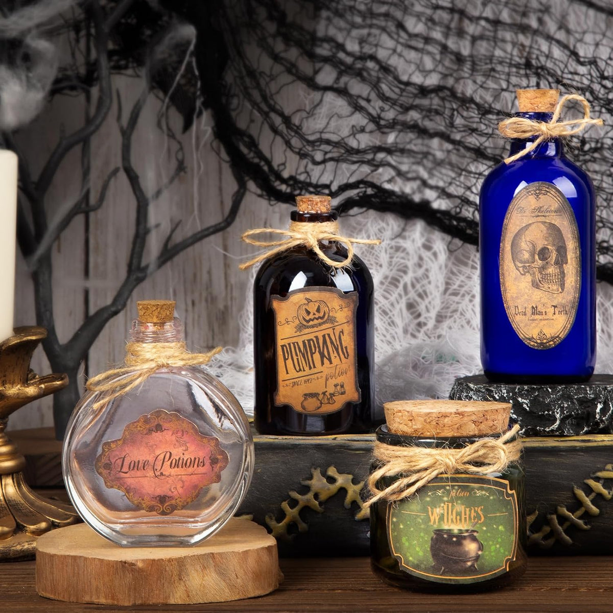 Halloween Decoration Potion Bottles – 4 Glass Jars 10 Labels Witch