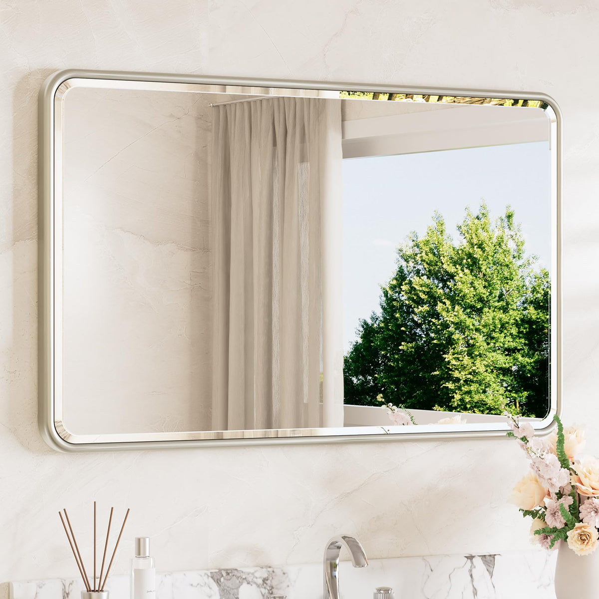 TETOTE Brushed Nickel Mirror 20 x 30 Beveled Edge Tempered Glass, Rounded Corner Rectangle Bathroom Mirror for Over Sink for Modern Bathroom, Living Room, Bedroom, Entryway