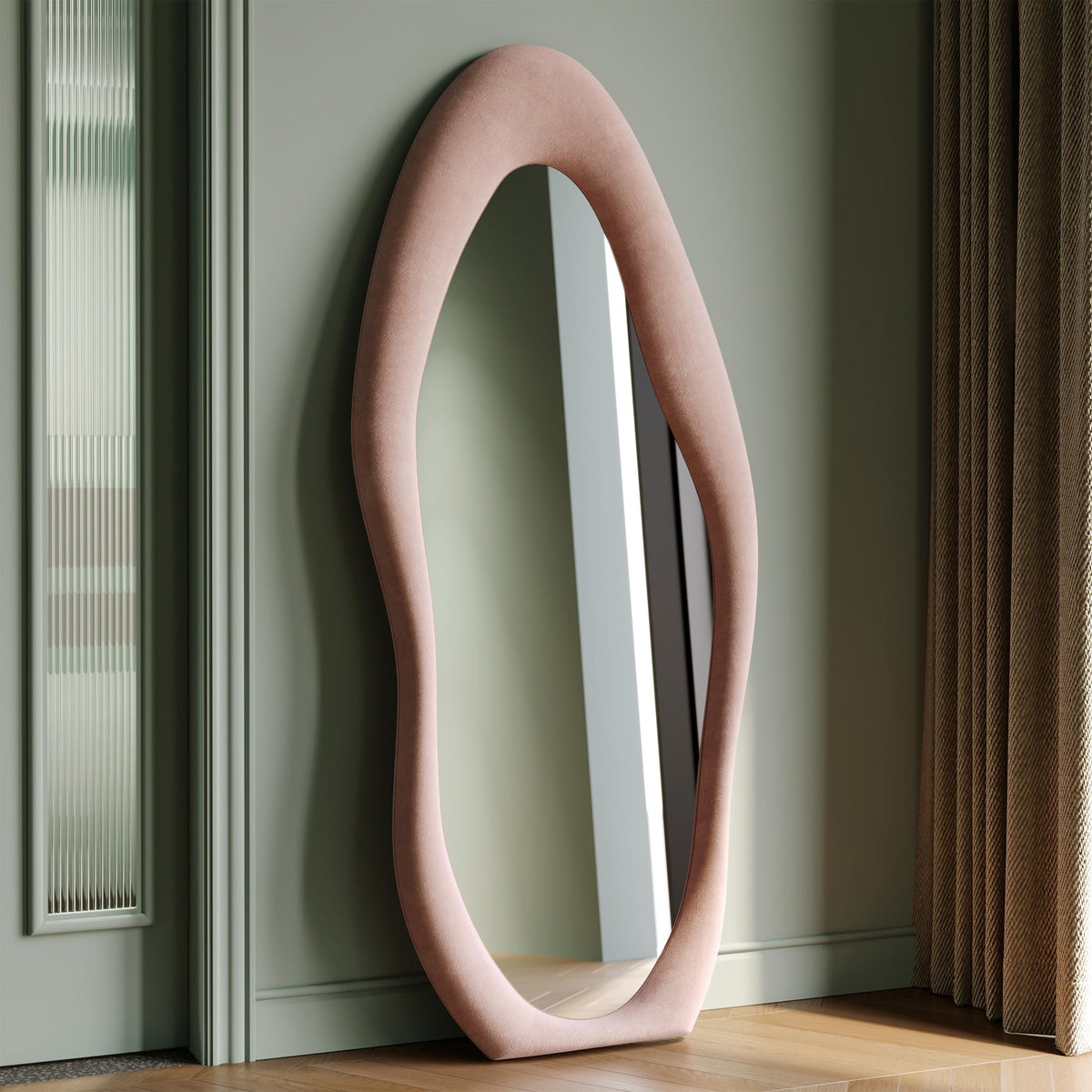 Honyee 55" x 24" Wavy Mirror, Flannel Wrapped Wooden Frame, Irregular Hanging for Cloakroom/Bedroom/Living Room, Green