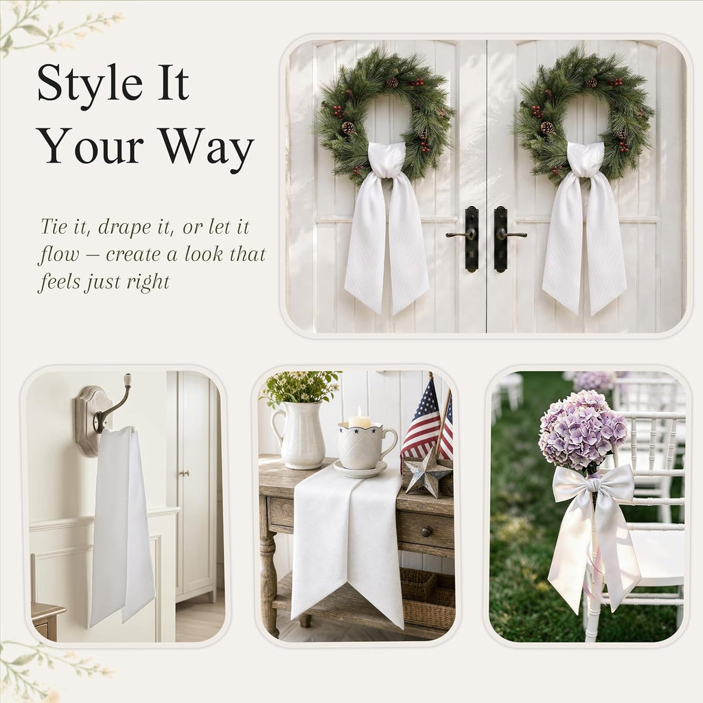 2 Pcs White Wreath Sash for Front Door, Embroidery Blank Wreath Sashes, Textured Twill Finish Sash Ribbon Accessories for Flower Bouquet Garland Yard Doorway Wedding Xmas, 4.9 x 57 Inches