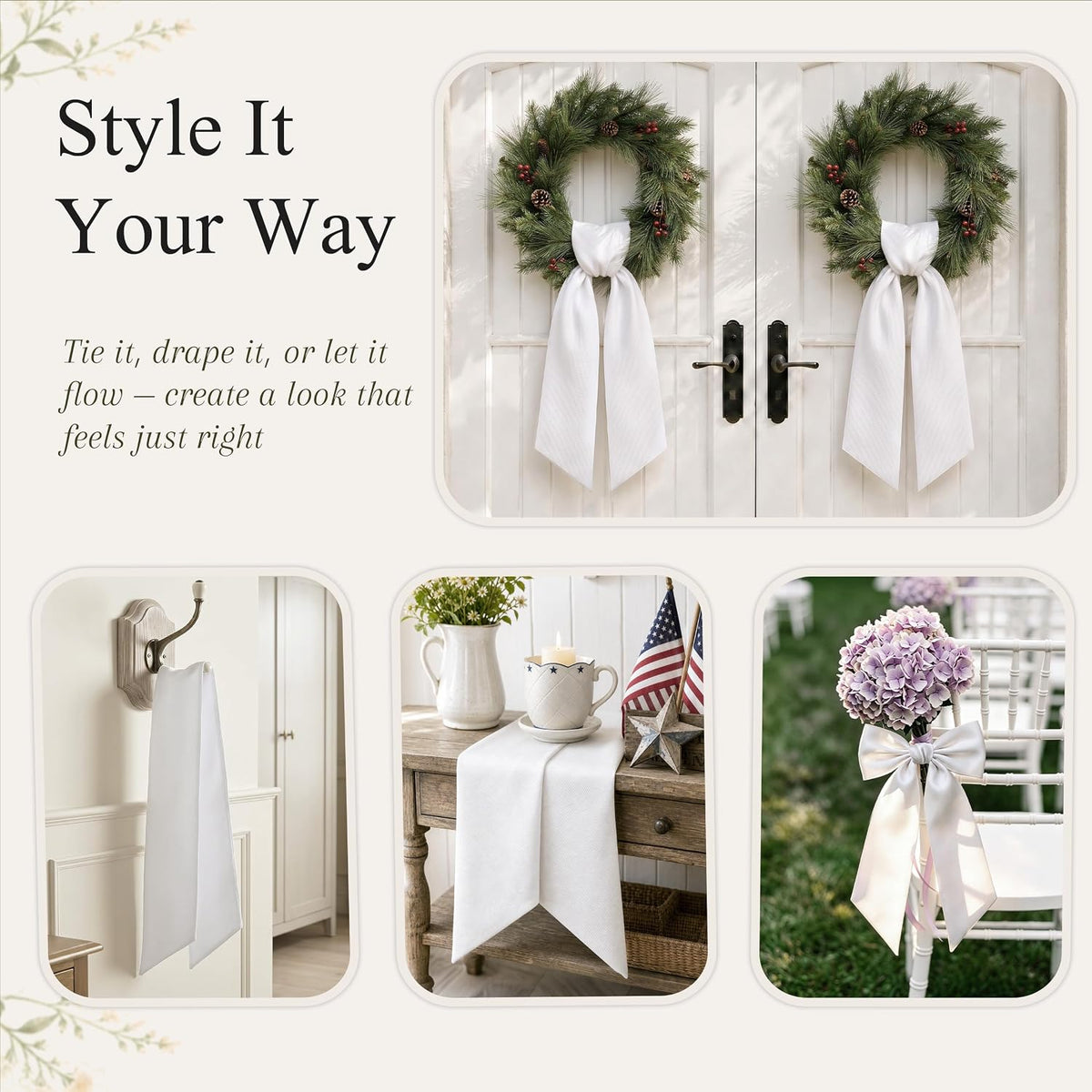 2 Pcs White Wreath Sash for Front Door, Embroidery Blank Wreath Sashes, Textured Twill Finish Sash Ribbon Accessories for Flower Bouquet Garland Yard Doorway Wedding Xmas, 4.9 x 57 Inches