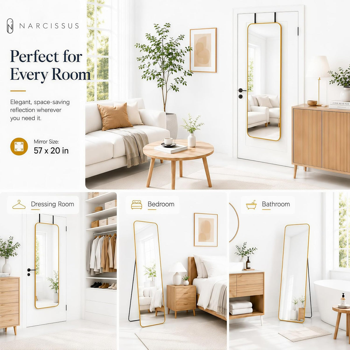 NARCISSUS 57x20 Full Length Mirror Over The Door or Freestanding/Wall Gold