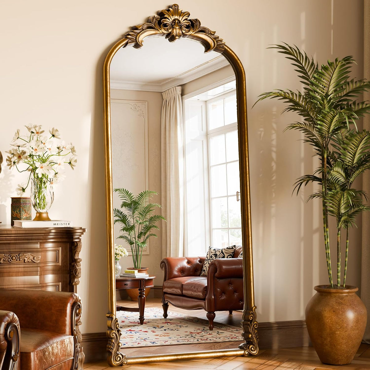 71"x32" Bronze Vintage Arched Full Length Mirror with Carved