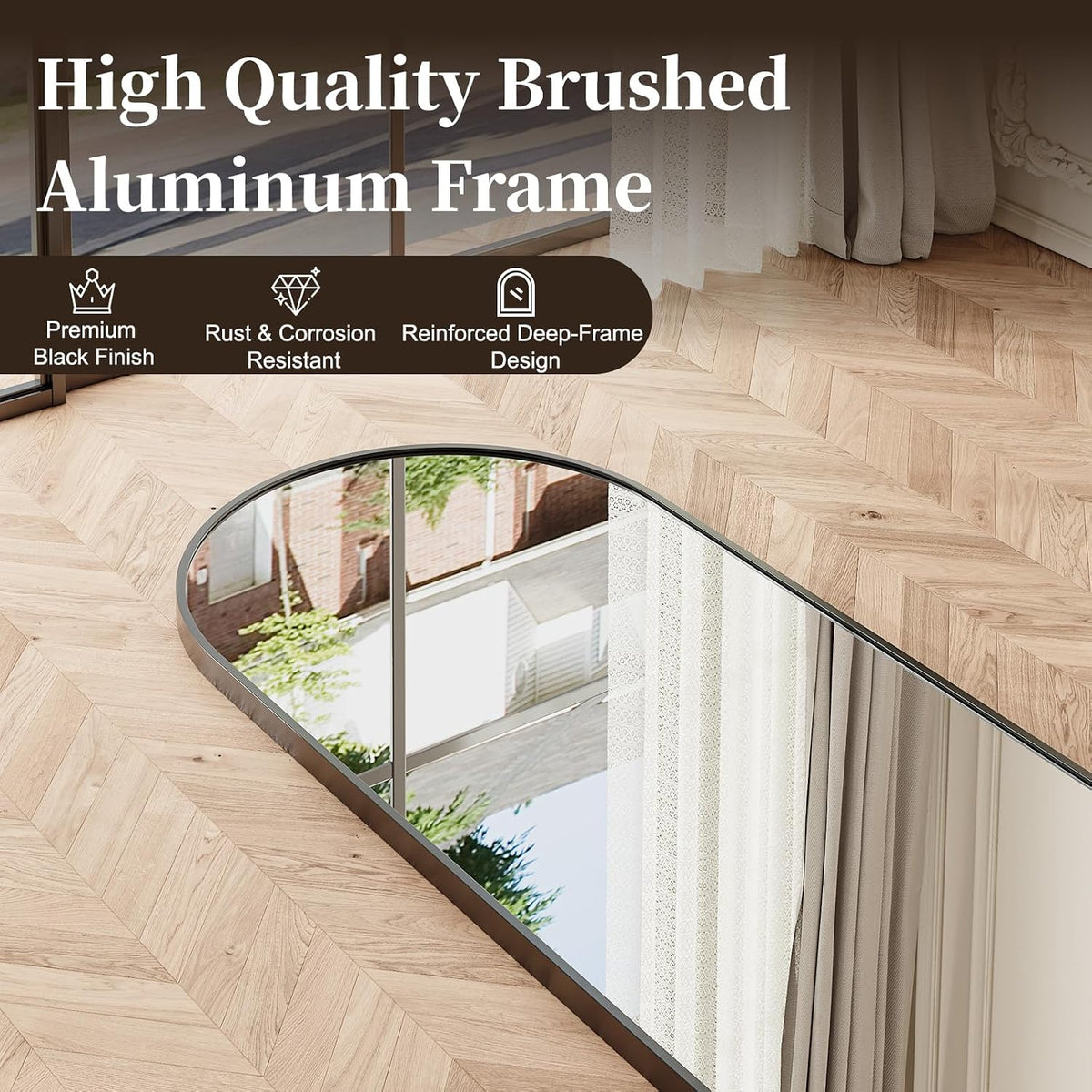 Krymnar 57"x21" Arched Full Length Mirror, Brushed Black Aluminum Frame Floor Mirror with Stand, HD Shatterproof Glass & Rust-Proof Body Mirror for Bedroom, Living Room, Bathroom, Entryway
