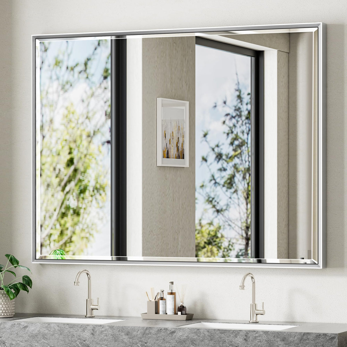 Brushed Nickel Bathroom Mirror, 24x32 Inch Beveled Framed Bathroom Mirror Anti-Rust, Brushed Nickel Metal Frame Bathroom Vanity Mirror for Wall, Vertical/Horizontal Wall-Mounted Mirrors