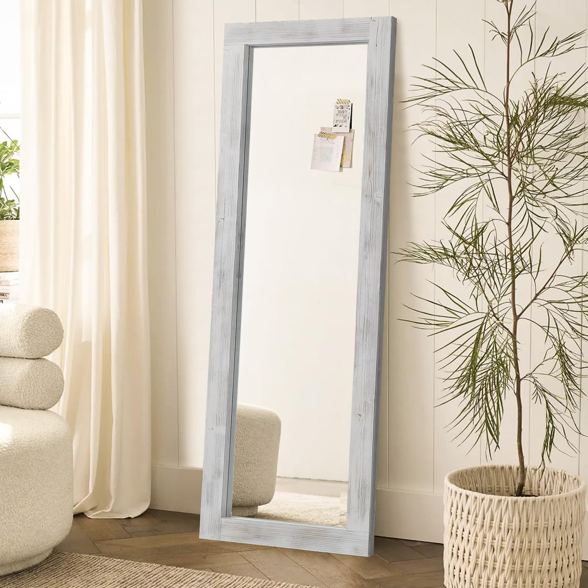 MirrMuse Rustic Floor Full Length Mirror Wood Frame, 56"x21" White Mirror