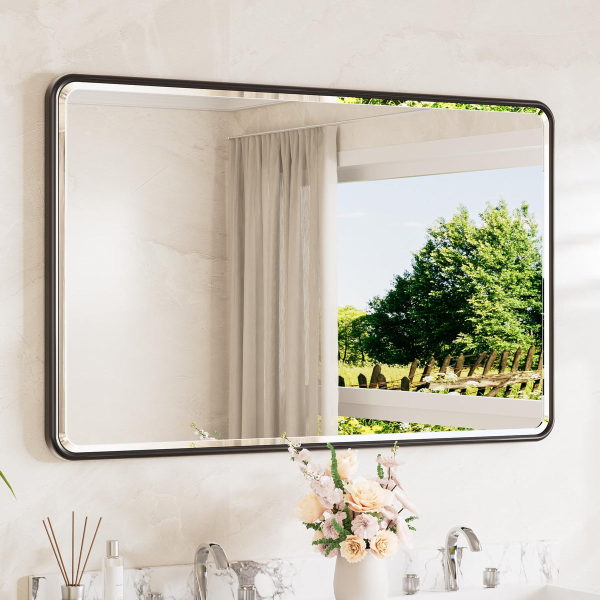 TETOTE Brushed Nickel Mirror 20 x 30 Beveled Edge Tempered Glass, Rounded Corner Rectangle Bathroom Mirror for Over Sink for Modern Bathroom, Living Room, Bedroom, Entryway