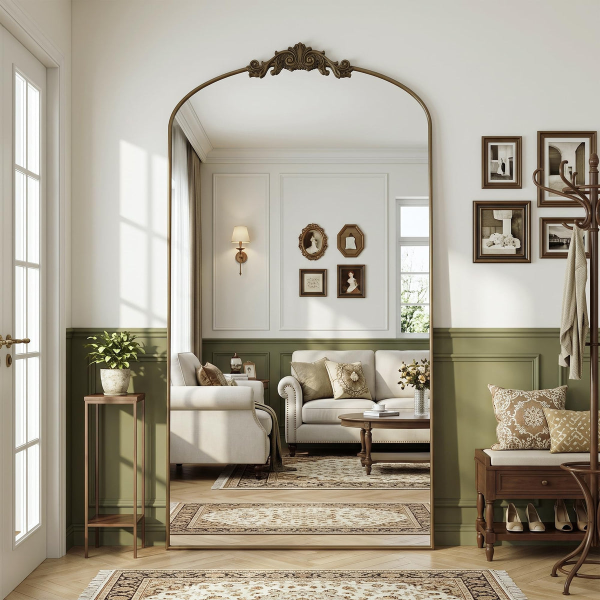 Antok Arched Full Length Mirror, 71"x28" Floor Mirror with Carved, Bronze