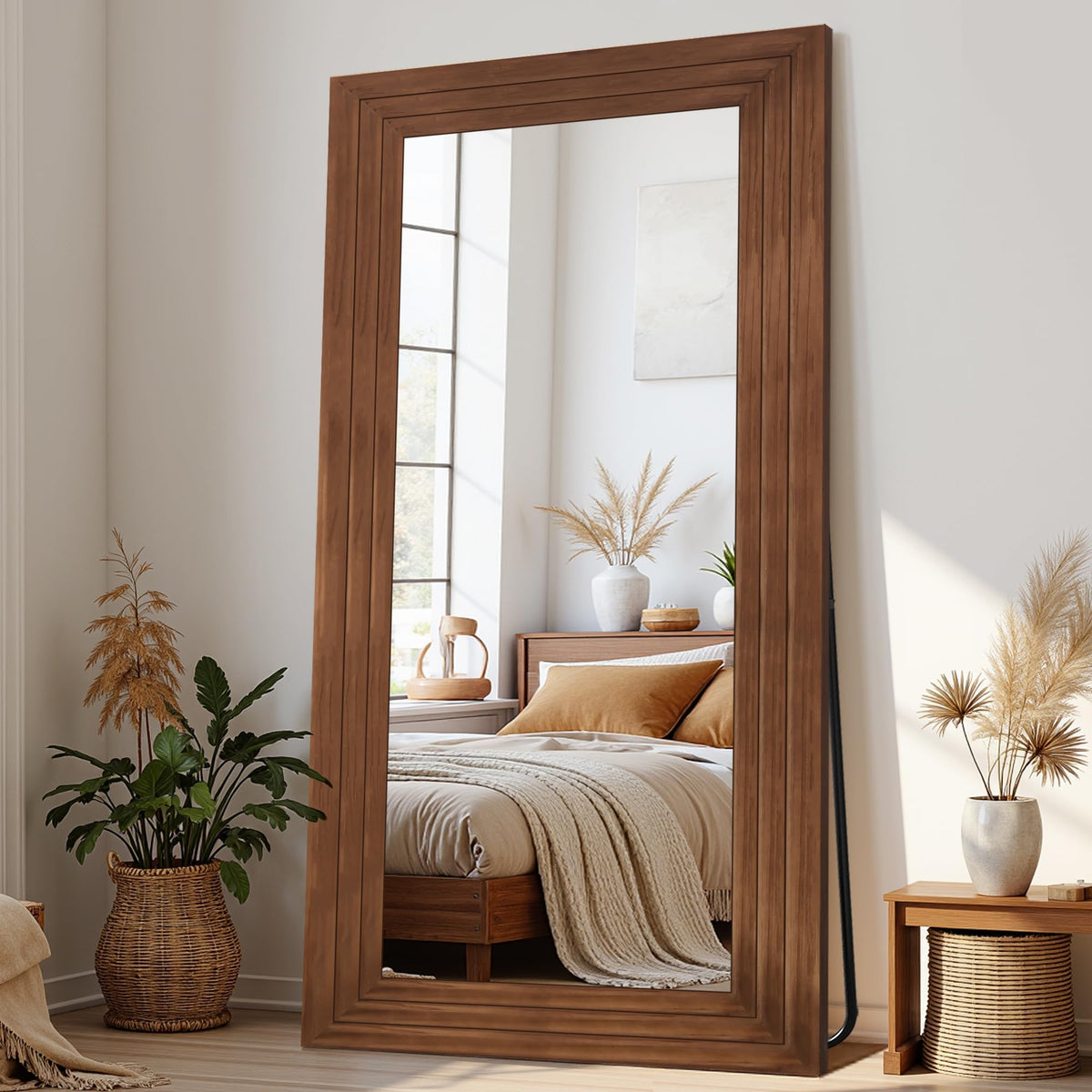 Antok Full Length Mirror with Solid Wood Frame, 71"×32" Wall Mounted Oversized Floor Mirror with Stand, Leaning Standing Hanging for Bedroom Living Room Entryway, Walnut, Arched Syle