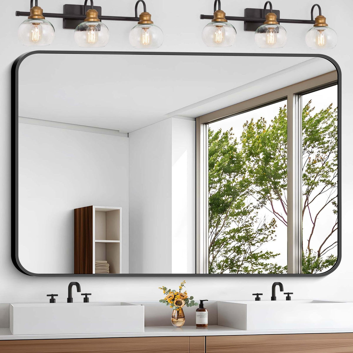 Black Bathroom Mirror, 28x42 inch Aluminum Metal Frame Rectangular Vanity Mirror, Wall Mounted Rectangle Mirrors with Rounded Corner for Bedroom Living Room Hangs Horizontal Or Vertical