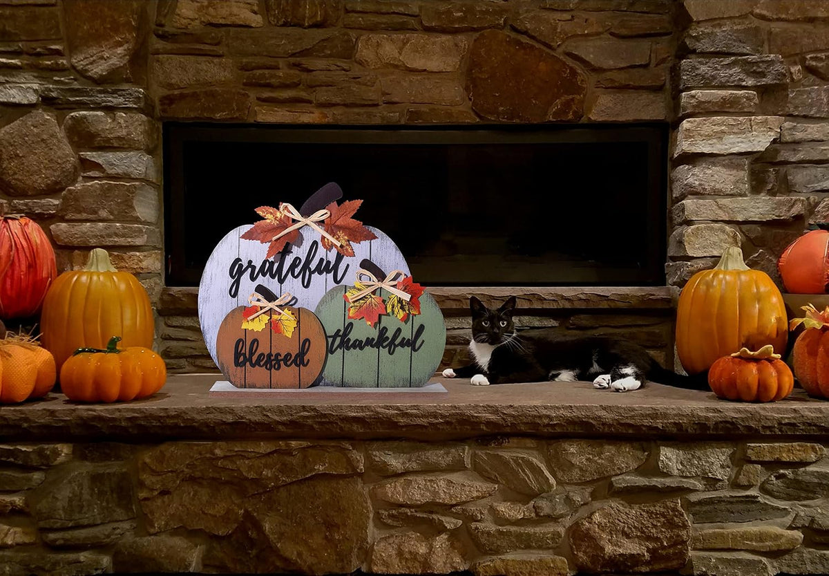 CYNOSA Fall Decorations for Home Blessed Grateful Thankful Fall Decor Wooden Pumpkin Tabletop Signs for Home Thanksgiving Farmhouse Living Room Harvest Autumn Decor